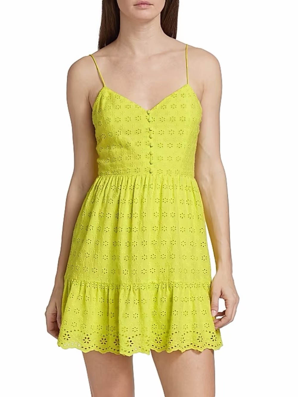 NWT Alice + Olivia Fae Spaghetti Strap Eyelet Mini Dress Lemon Sorbet Yellow 4